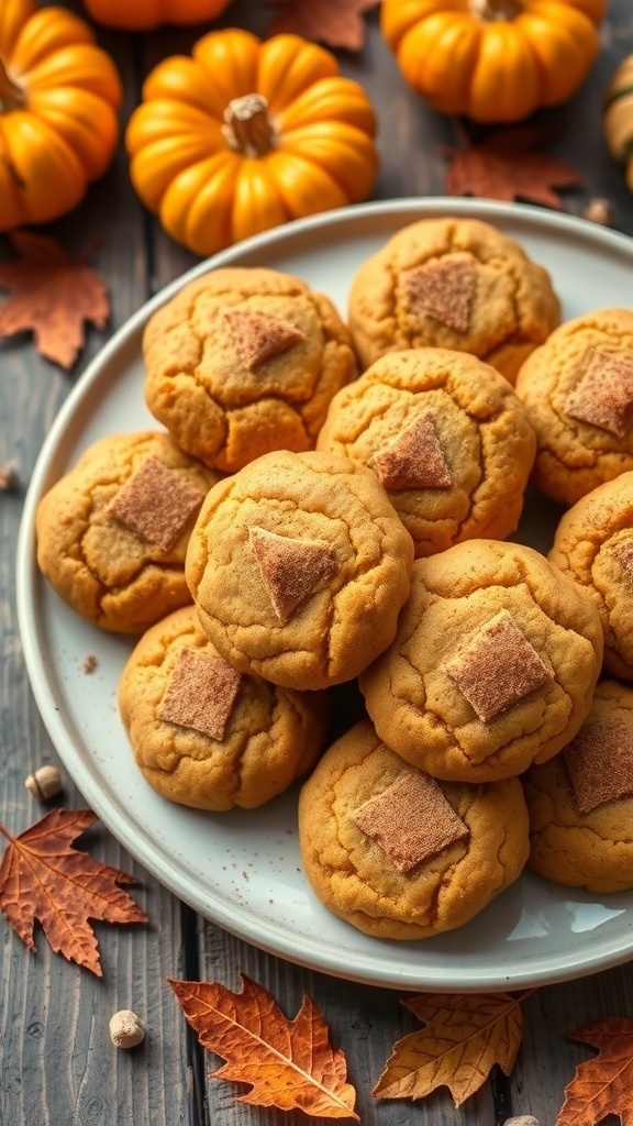 A plate of golden pumpkin spice cookies with a sprinkle of cinnamon, surrounded by pumpkins and autumn leaves.